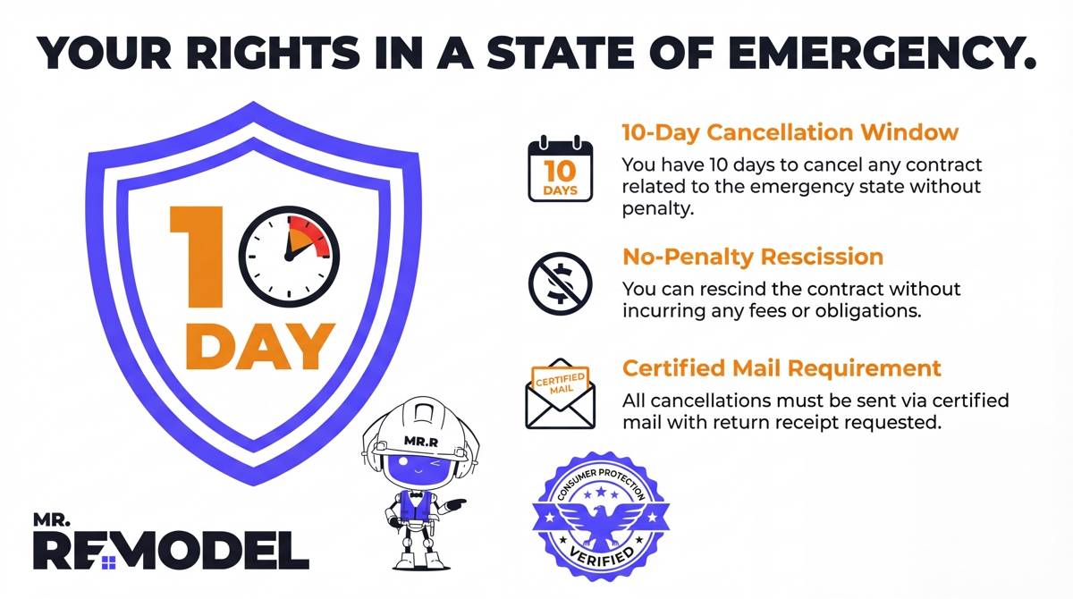 A legal rights infographic for Florida homeowners explaining the 10-day contract cancellation period allowed during declared states of emergency.